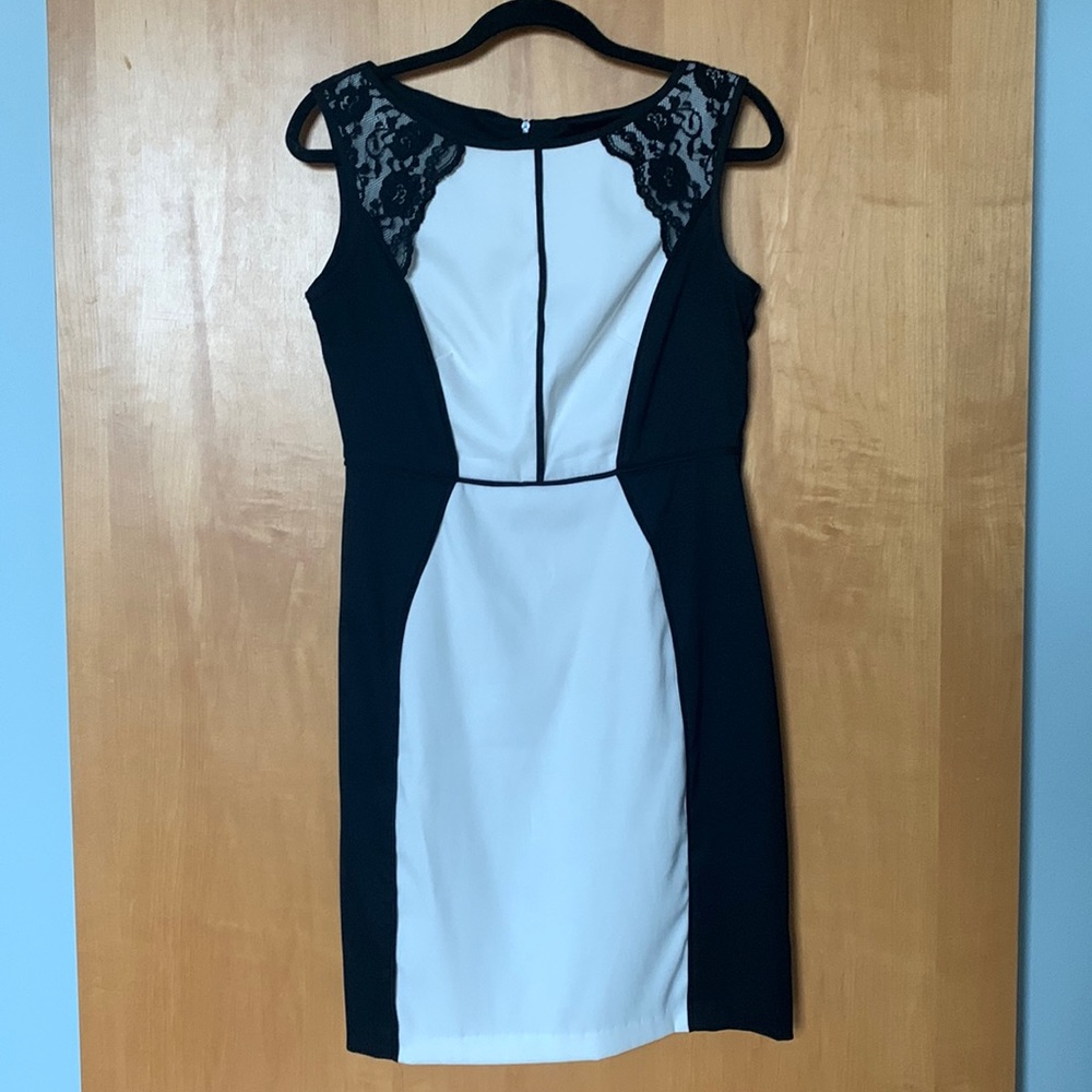 Black and White Dress with Lace Shoulder